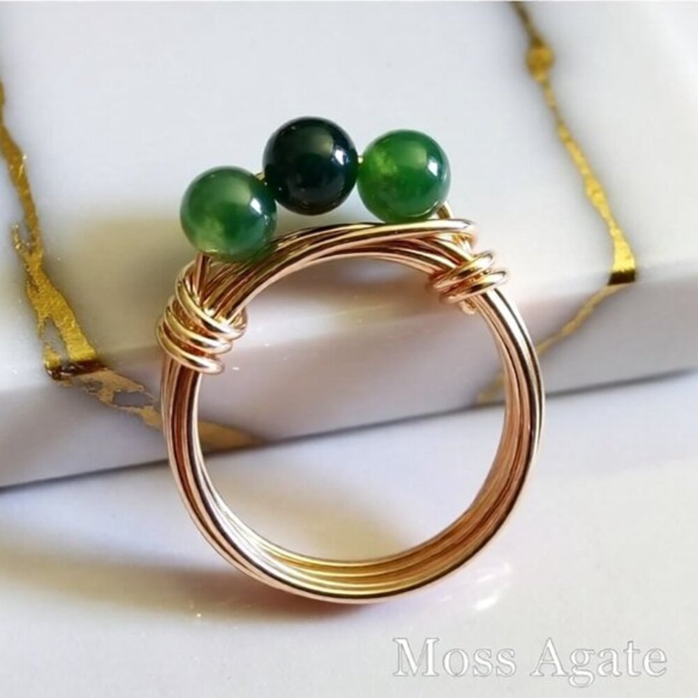 Slim Moss Agate Beaded Handmade Rings - Sturdy Every Day Wear! Copper or Brass!
